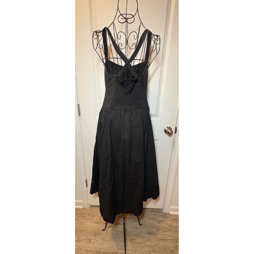Free People Black Cotton Midi Dress Square Neck Smocked Back Pockets -XL - Picture 3 of 8